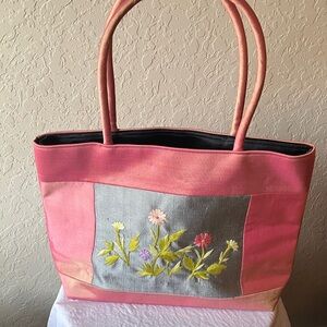 Lan’s Galerie: 100% Silk Floral Embroidered Pink Tote Bag